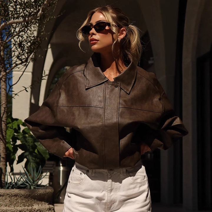 Women Boxy Cropped Faux Leather Blouson with Oversized Shoulder Mune Fashion