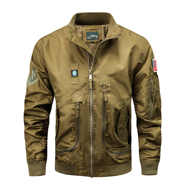 Men's Nylon Bomber Jacket in Aviator Style with Utility Pockets and Sleeve Pocket Mune Fashion