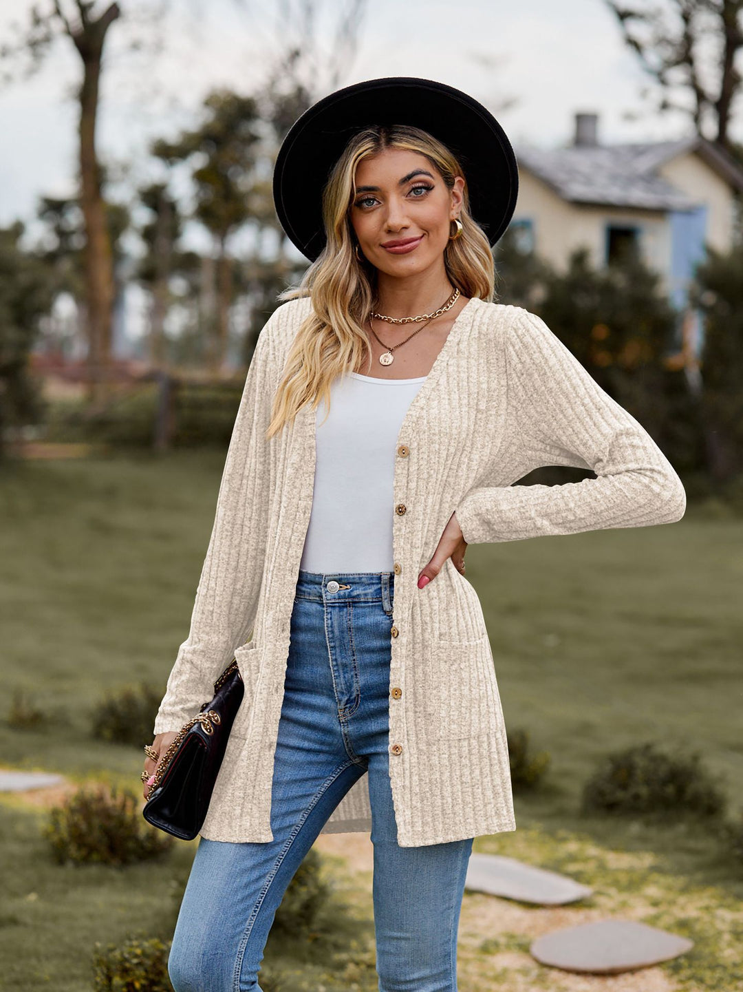 Women Long Cut Ribbed Knit Cardigan with Button Placket and Pocket Mune Fashion