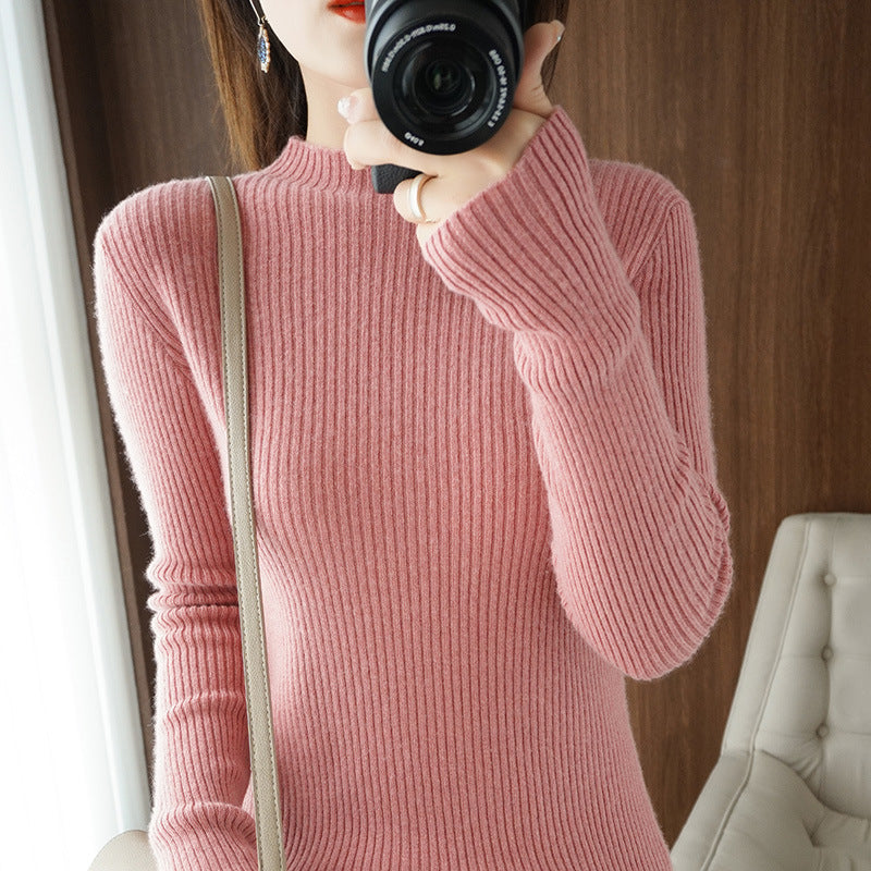Women's luxury fine-knit pullover with narrow rib structure and short stand-up collar Mune Fashion