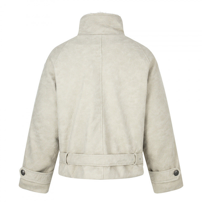 Men's short cut double-breasted aviator jacket with teddy lining, stand-up collar and waist belt Mune Fashion