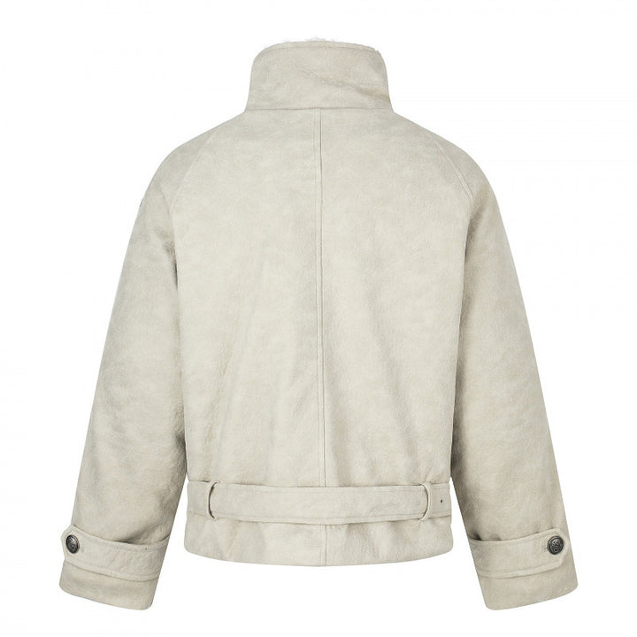 Men's short cut double-breasted aviator jacket with teddy lining, stand-up collar and waist belt Mune Fashion