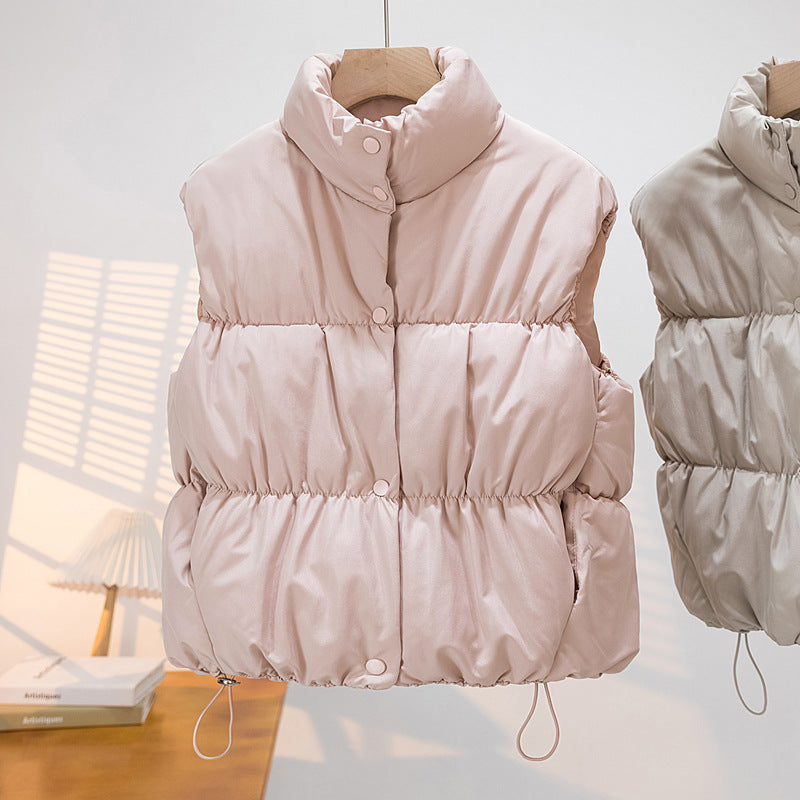 Women's Short Padded Vest with High Stand-Up Collar and Drawstring Mune Fashion
