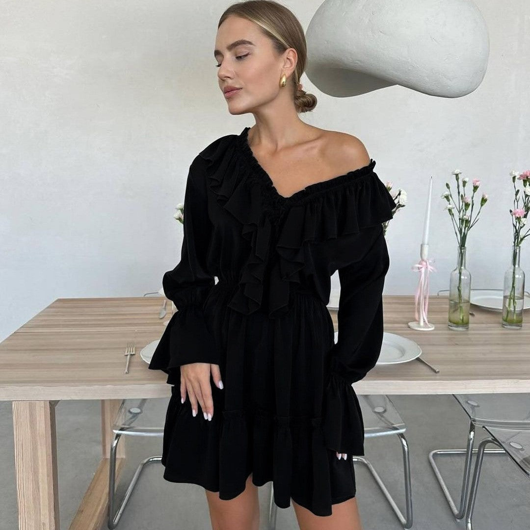 Women's Playful Ruffled Short Dress with V-Neck, Gathered Waist and Tiered Hem Mune Fashion