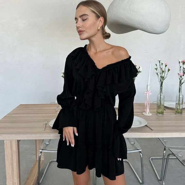 Women's Playful Ruffled Short Dress with V-Neck, Gathered Waist and Tiered Hem Mune Fashion