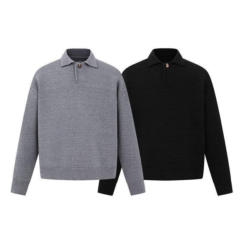 Men's Boxy Knit Sweater with Polo Collar and Half Button Placket Mune Fashion