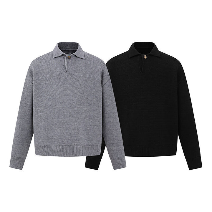 Men's Boxy Knit Sweater with Polo Collar and Half Button Placket Mune Fashion