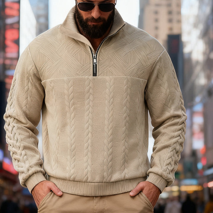 Men's textured half-zip knitted sweater with cable pattern and high stand-up collar Mune Fashion