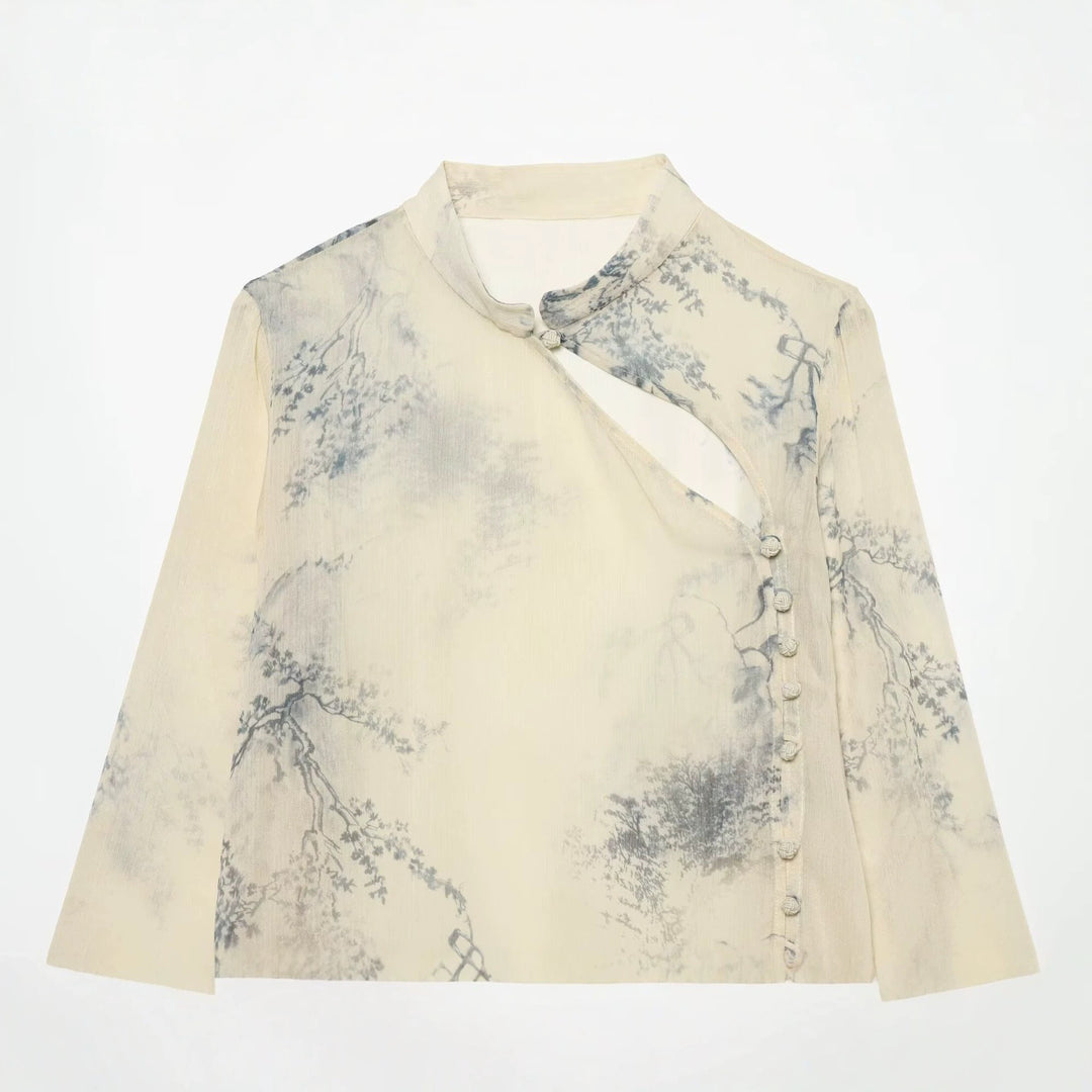 Women Casual Silk-Look Tunic with Mandarin Collar, Asymmetrical Button Placket and Delicate Landscape Print Drune