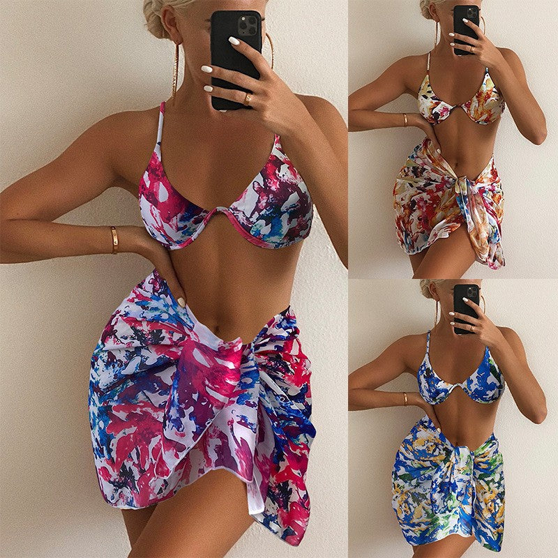 Women's bikini set with adjustable straps and floral wrap skirt Mune Fashion