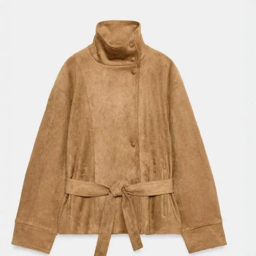 Women Short Blouson made of Artificial Leather with Double-Breasted Button Placket and Shoulder Cape Mune Fashion