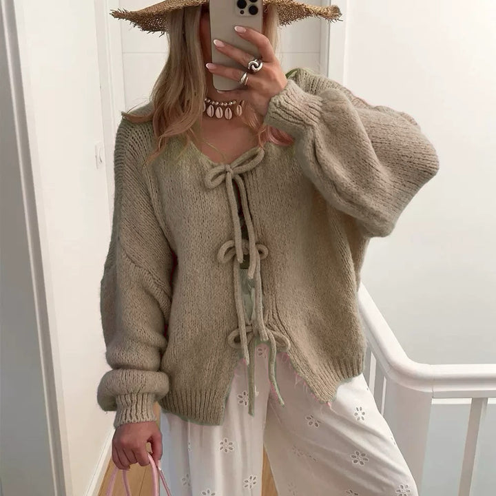 Women's Chunky Knit Open Cardigan with Ties, Oversized Silhouette and Raglan Sleeves Mune Fashion