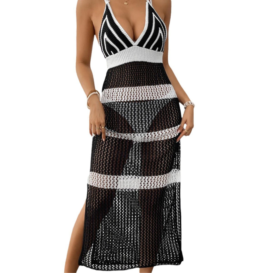 Women's crocheted beach cover-up with stylish V-neck and elegant stripe details Mune Fashion