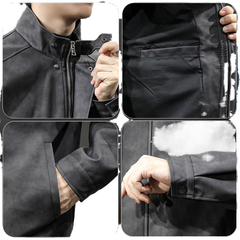 Men's Minimalist Vintage Faux Leather Bomber Jacket with Stand Collar and Concealed Snap Placket Mune Fashion