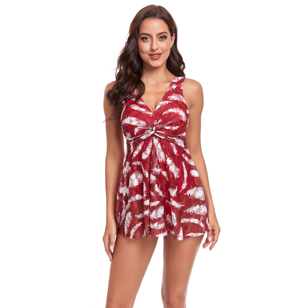 Women's Swim Dress with Floral Design and Elegant V-Neck Mune Fashion