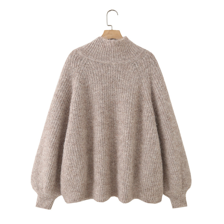 Women Oversize Mohair-Optic Knit Sweater with Stand-Up Collar and Balloon Sleeves Mune Fashion
