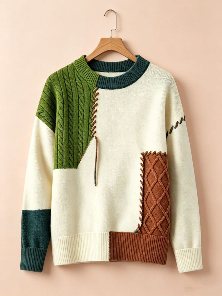 Women Oversize Knit Sweater in Patchwork Design with Cable Knit Inserts Mune Fashion