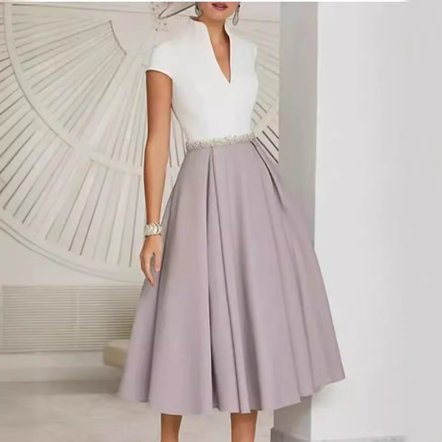 Mune Fashion | White Color Block V Neck Flared Summer Dress