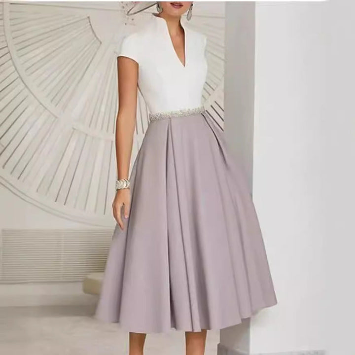 Mune Fashion | White Color Block V Neck Flared Summer Dress