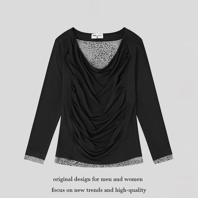 Women's Figure-Flattering Long Sleeve Shirt with Waterfall Draping and Animal Inside Lining Mune Fashion