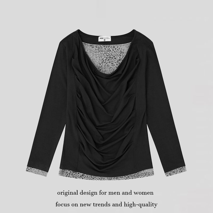 Women's Figure-Flattering Long Sleeve Shirt with Waterfall Draping and Animal Inside Lining Mune Fashion