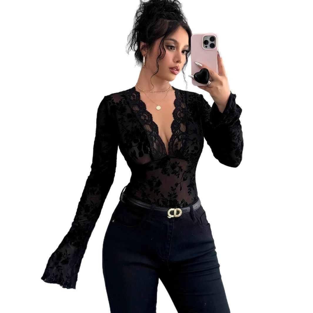 Women's tight-fitting transparent mesh lace blouse with deep V-neck and floral velvet texture Mune Fashion