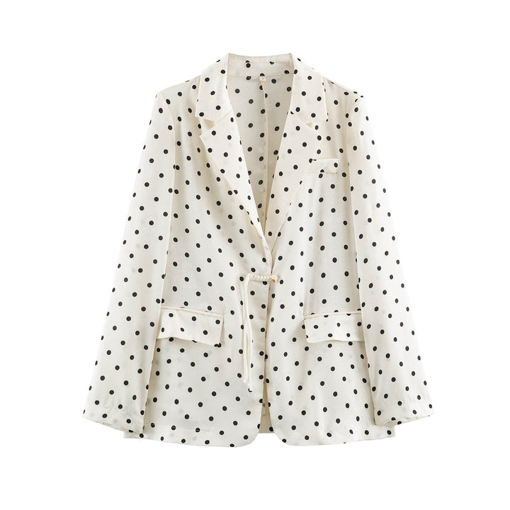 Women Polka Dot Blazer in Linen Look with Lapel Collar and Drawstring
