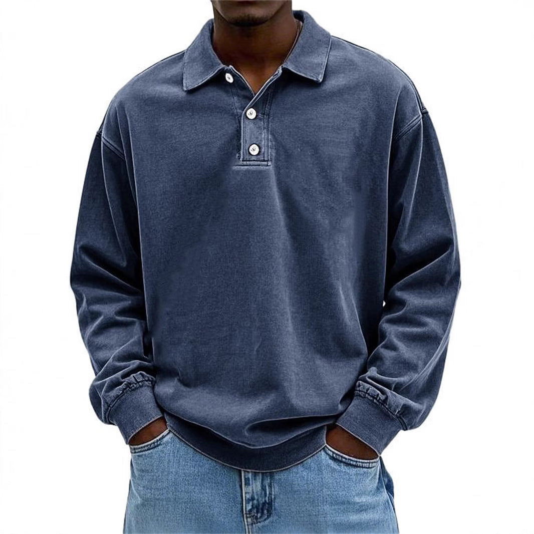 Men's Oversize Denim Look Polo Sweatshirt with Short Button Placket and Elastic Cuffs EB