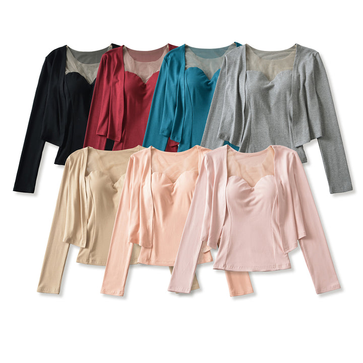 Ladies Two-Piece Fine Knit Top Set with Mesh Insert and Open Cardigan Mune Fashion