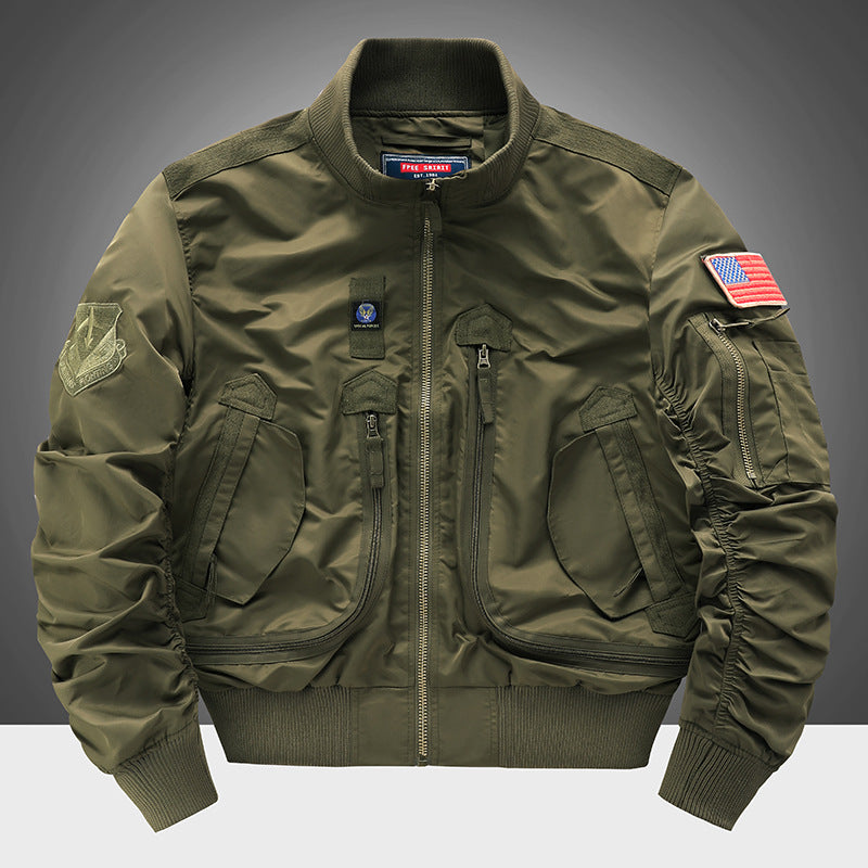 Men's  pilot-style cropped utility flight bomber with multi-zip pockets and ribbed collar Mune Fashion