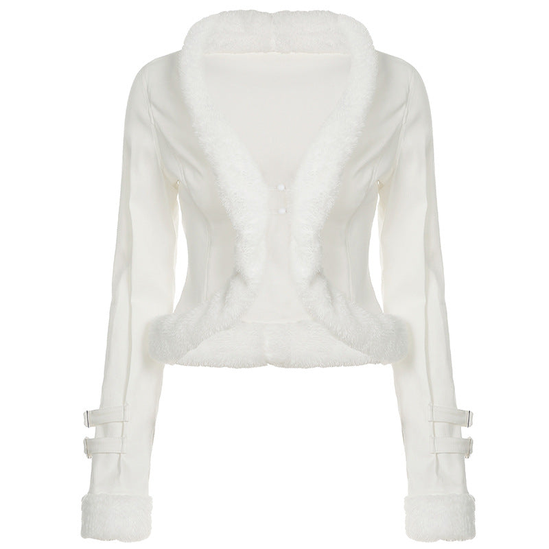 Women's short tailored faux fur bolero jacket with V-neck and decorative strap sleeves Mune Fashion