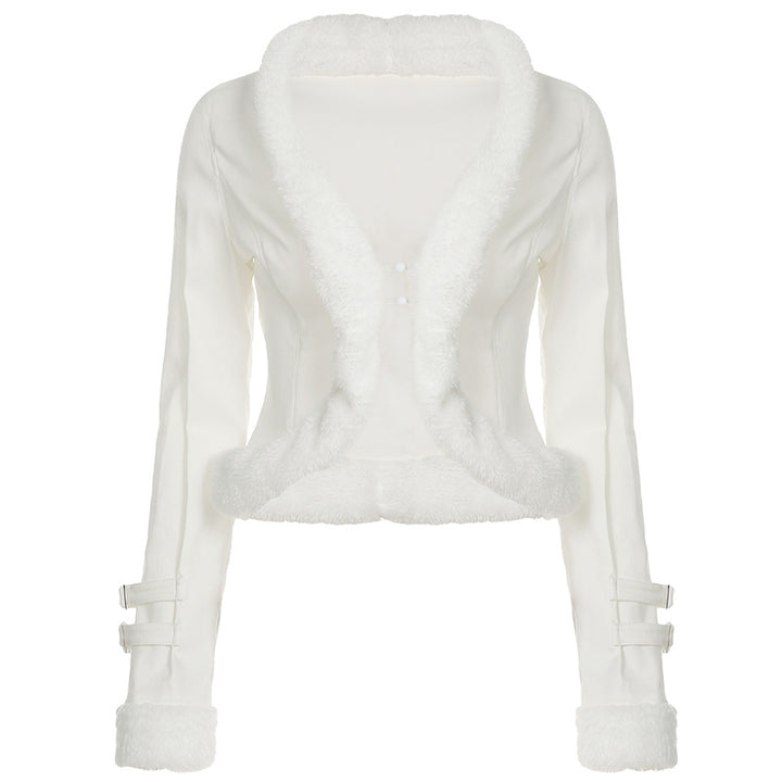 Women's short tailored faux fur bolero jacket with V-neck and decorative strap sleeves Mune Fashion
