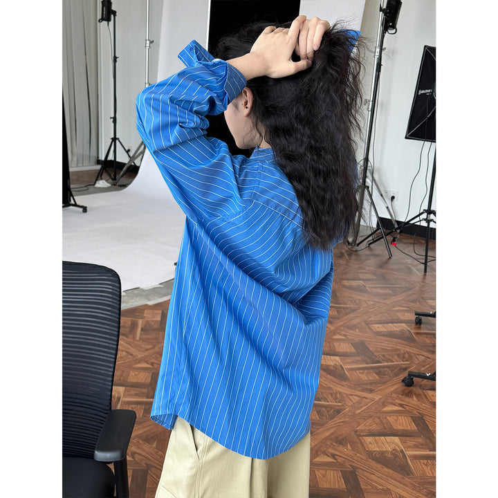 Women's oversized striped shirt blouse made of lightweight viscose blend with chest pocket Mune Fashion