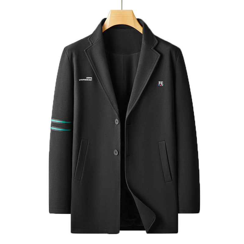 Men's Casual Wool Blend Transitional Coat with Lapel, Two-Button Closure and Striped Sleeve Detail Mune Fashion