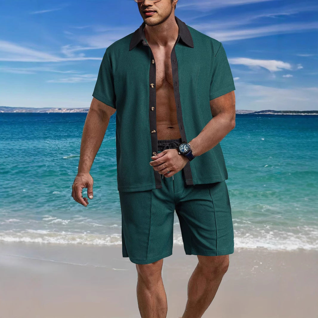 Men's modern leisure set made of fine textured jersey with shirt collar button placket and drawstring shorts Mune Fashion