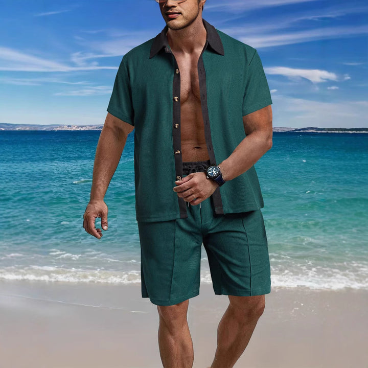 Men's modern leisure set made of fine textured jersey with shirt collar button placket and drawstring shorts Mune Fashion