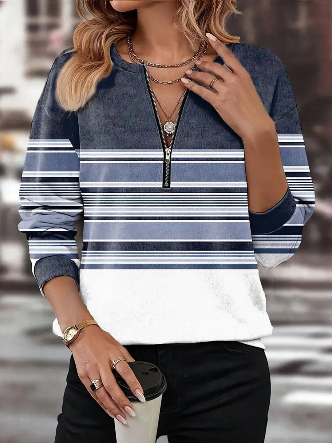 Women's Casual Sweatshirt with Short V-Zipper, Graphic Block Pattern and Casual Fit Mune Fashion
