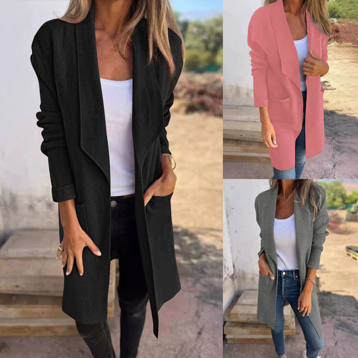 Women Longline Blazer with Shawl Collar, Open Cut and Patch Pockets Mune Fashion