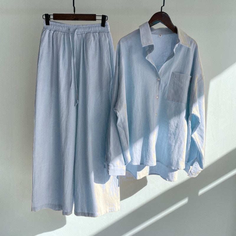 Women's Loose-Fitting Two-Piece Viscose Loungewear Set with Shirt Blouse and Wide Palazzo Pants Mune Fashion