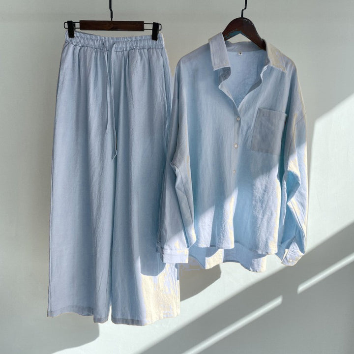 Women's Loose-Fitting Two-Piece Viscose Loungewear Set with Shirt Blouse and Wide Palazzo Pants Mune Fashion