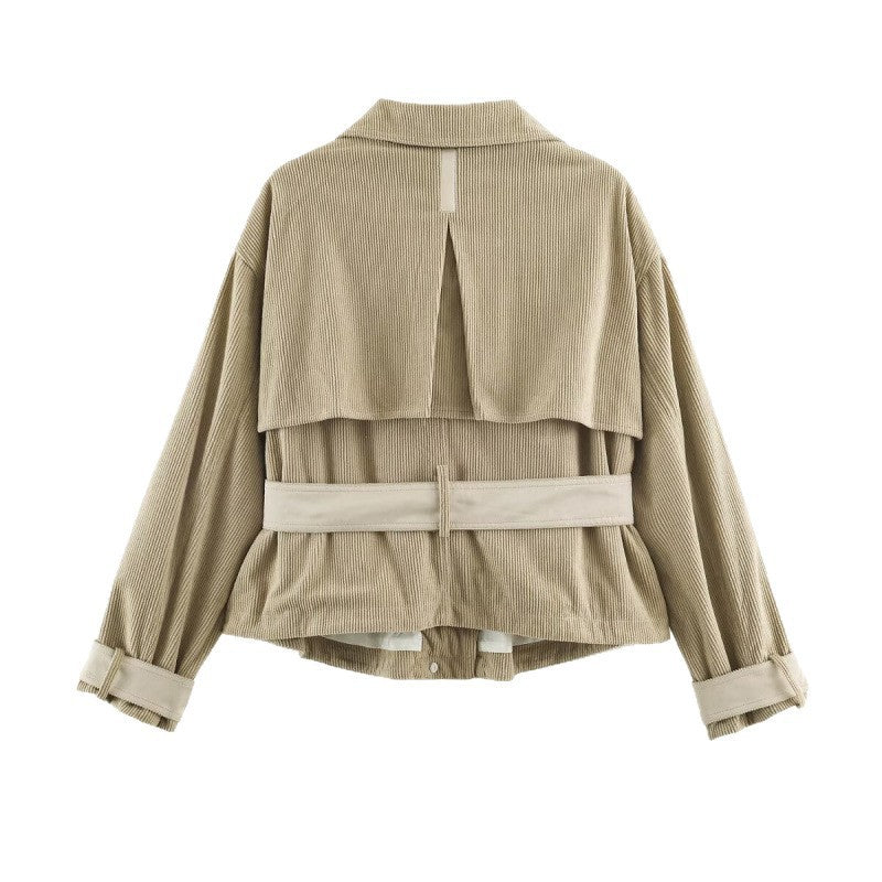 Women’s corduroy short jacket with fitted belt and snap button placket Mune Fashion