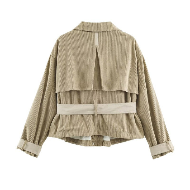 Women’s corduroy short jacket with fitted belt and snap button placket Mune Fashion