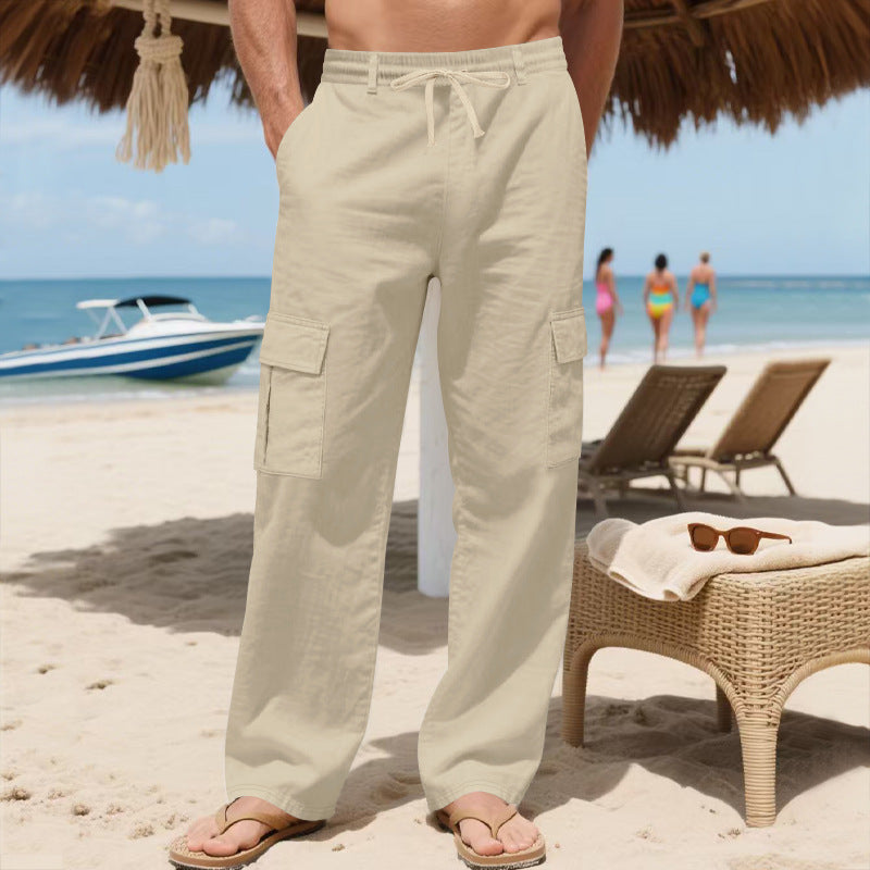 Men's loose cargo beach pants made of linen blend with elastic waistband and adjustable drawstring Mune Fashion