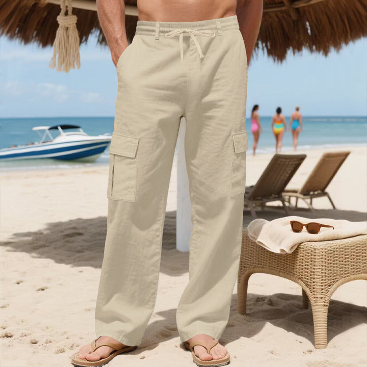 Men's loose cargo beach pants made of linen blend with elastic waistband and adjustable drawstring Mune Fashion