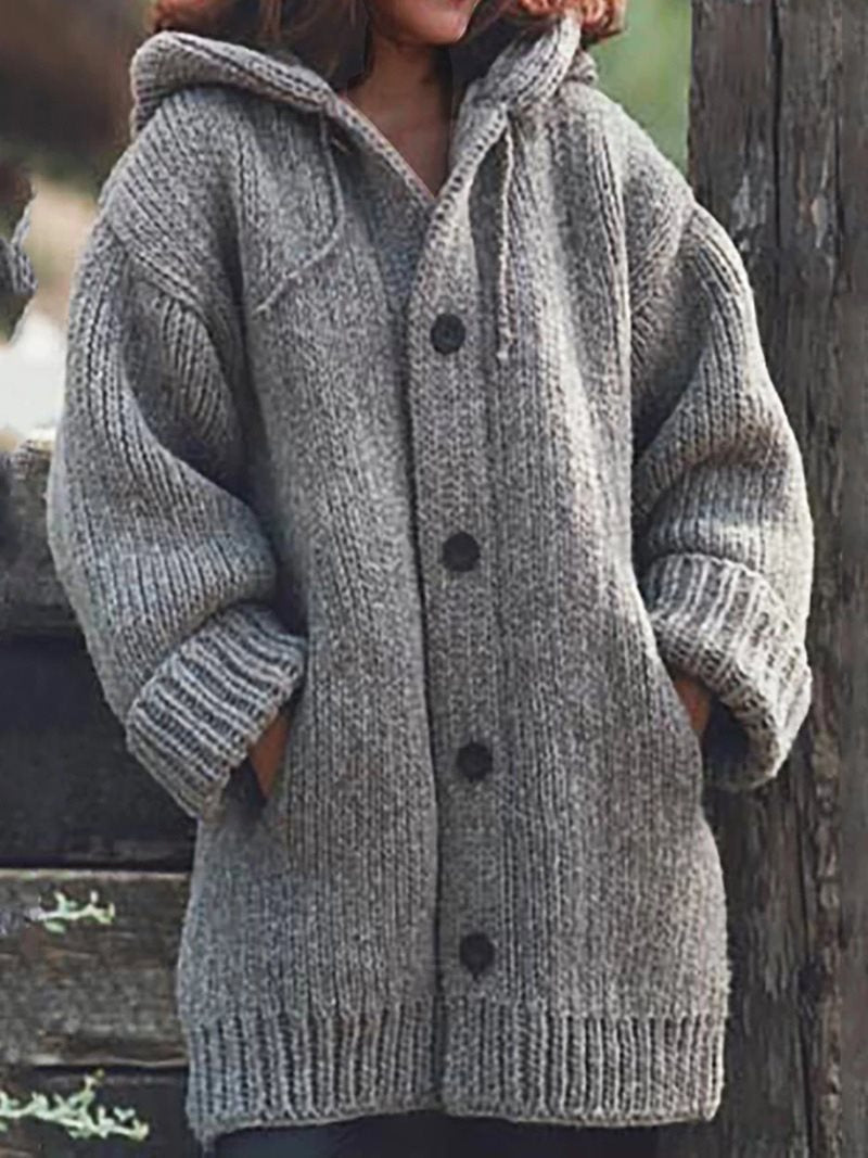 Women's loose-fitting hoodie knit coat with button placket and side pockets Mune Fashion