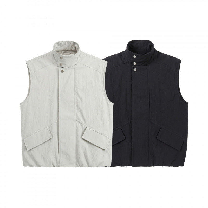 Unisex Boxy Padded Sleeveless Vest with High Stand-Up Collar, Hidden Snap Button Placket and Flap Pockets Mune Fashion