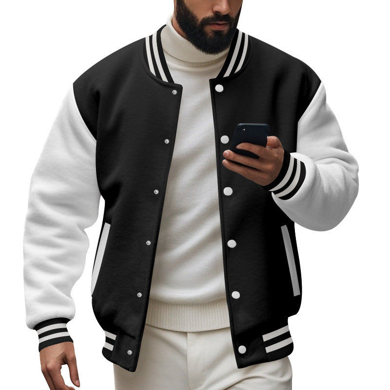 Men's College Baseball Jacket in Varsity Style with Ribbed Cuffs and Snap Button Placket Mune Fashion