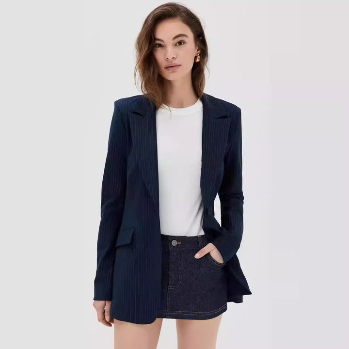 Women's mini blazer dress in pinstripe tailoring with deep shawl collar Mune Fashion