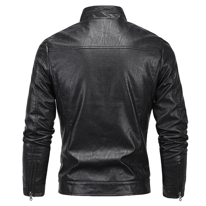 Men's Slim-Fit Faux Leather Blouson with Stand Collar and Zipper Pockets Mune Fashion