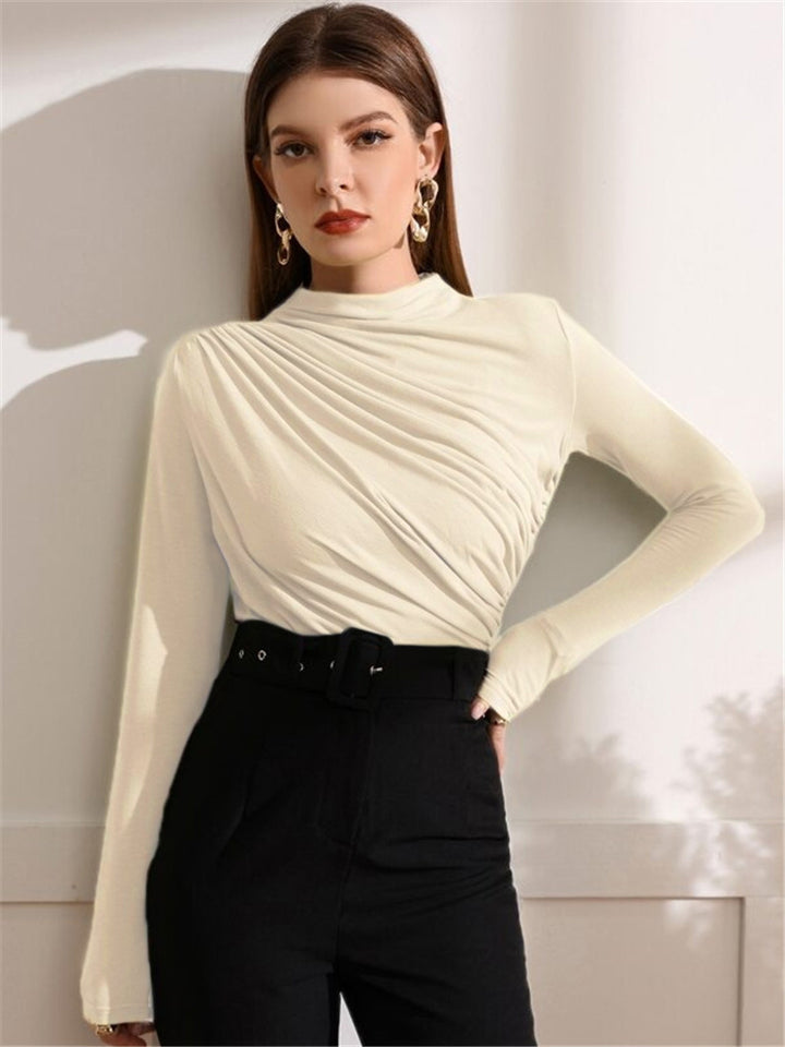 Women's Figure-Hugging Long Sleeve Shirt with Side Draping and Stand-Up Collar Mune Fashion